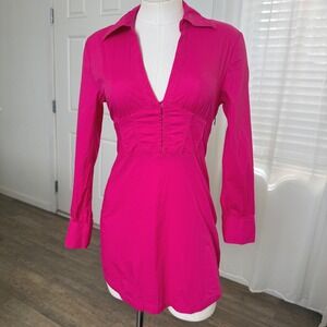 Urban Outfitters Hot Pink Corset Waist Hook & Eye Mini Dress XS Long Sleeve